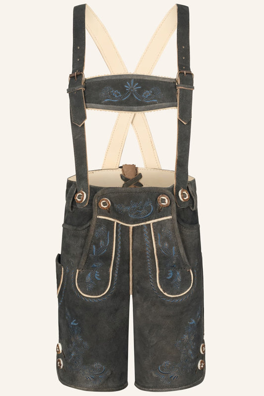 Lederhose Magnus | Charcoal Grey Bavarian Lederhosen with Blue Embroidery