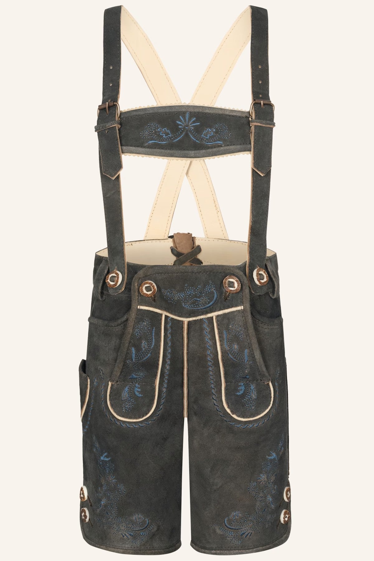 Lederhose Magnus | Charcoal Grey Bavarian Lederhosen with Blue Embroidery
