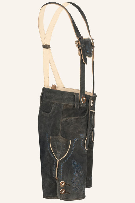Lederhose Magnus | Charcoal Grey Bavarian Lederhosen with Blue Embroidery